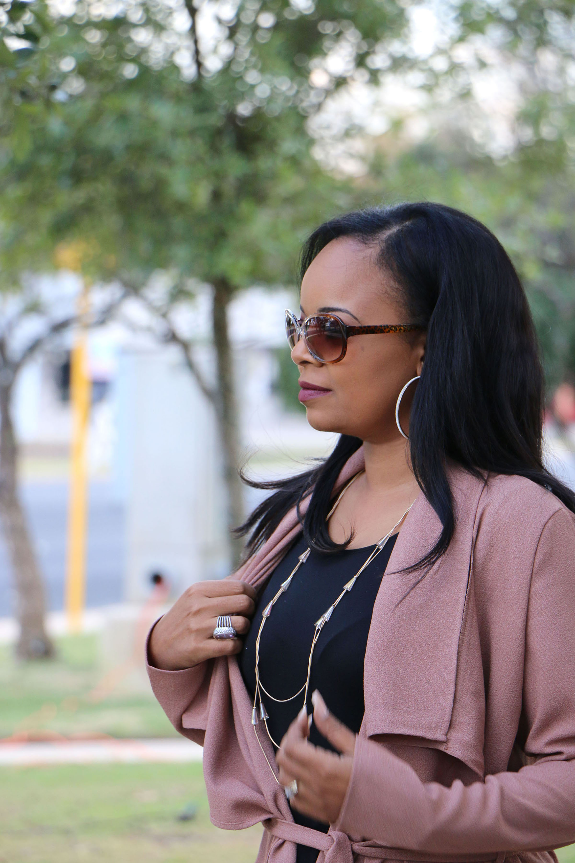 Rose Duster Jacket + Black Pants, Fall Chic