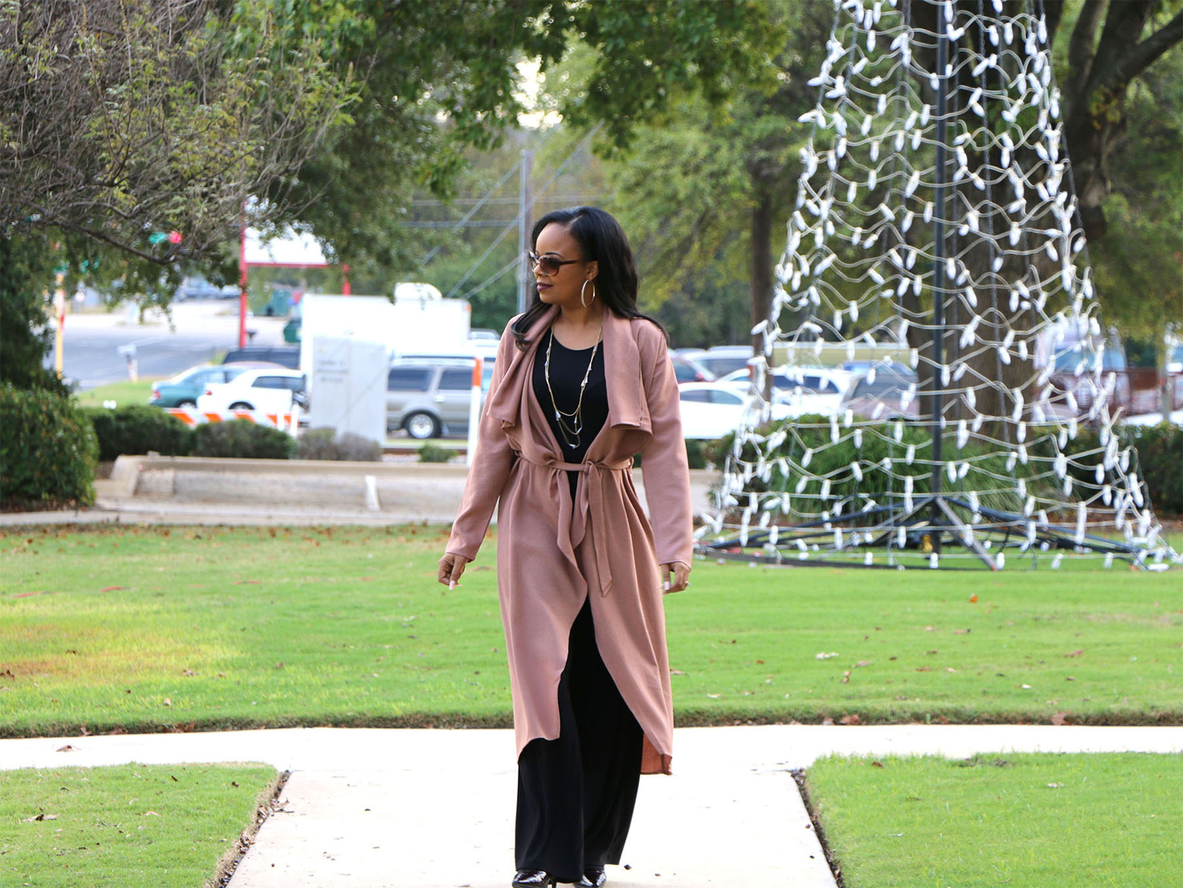 Rose Duster Jacket + Black Pants | Fall Chic
