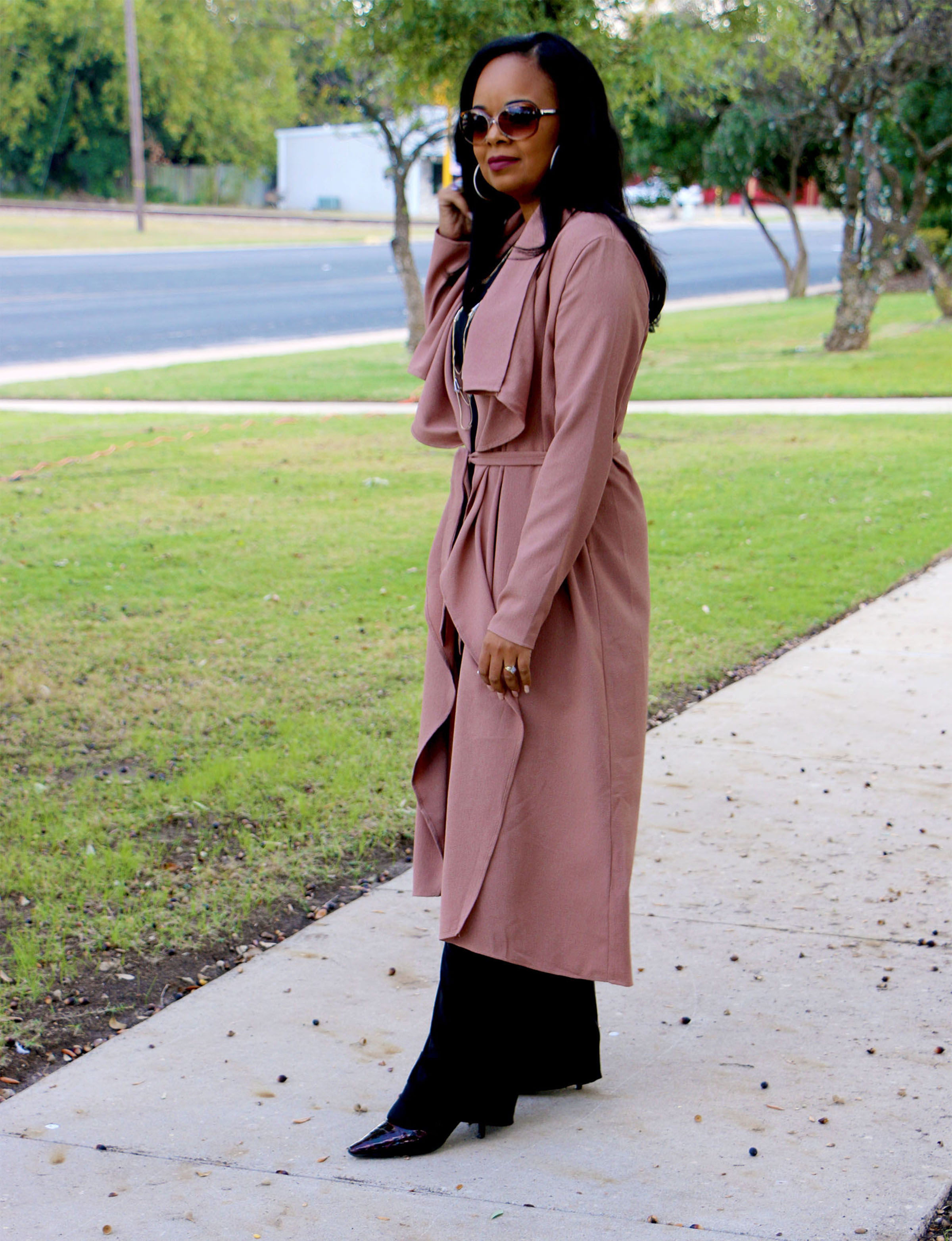 Rose Duster + Black Pants, Fall Chic