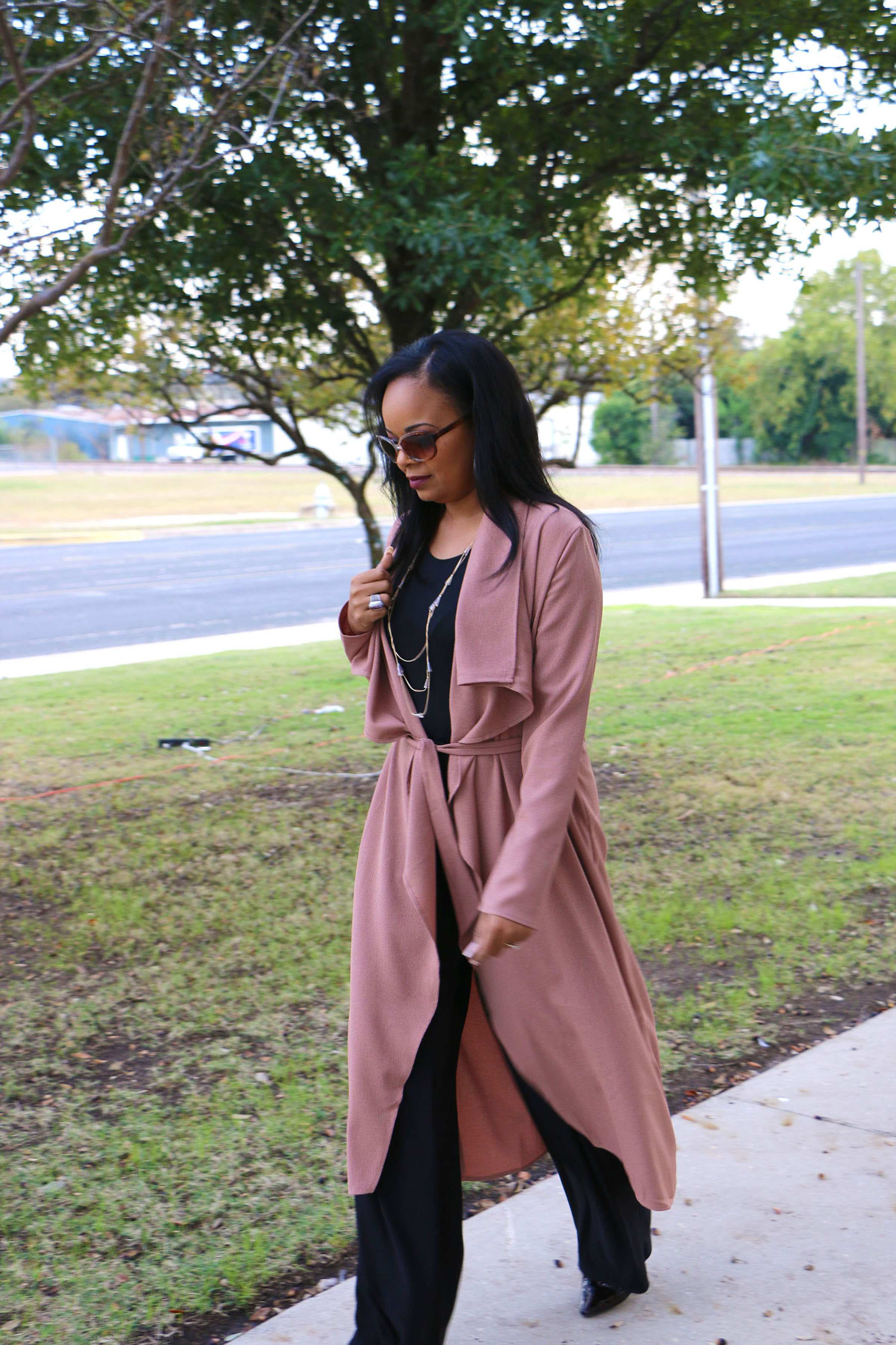 Rose Duster + Black Pants, Fall Chic