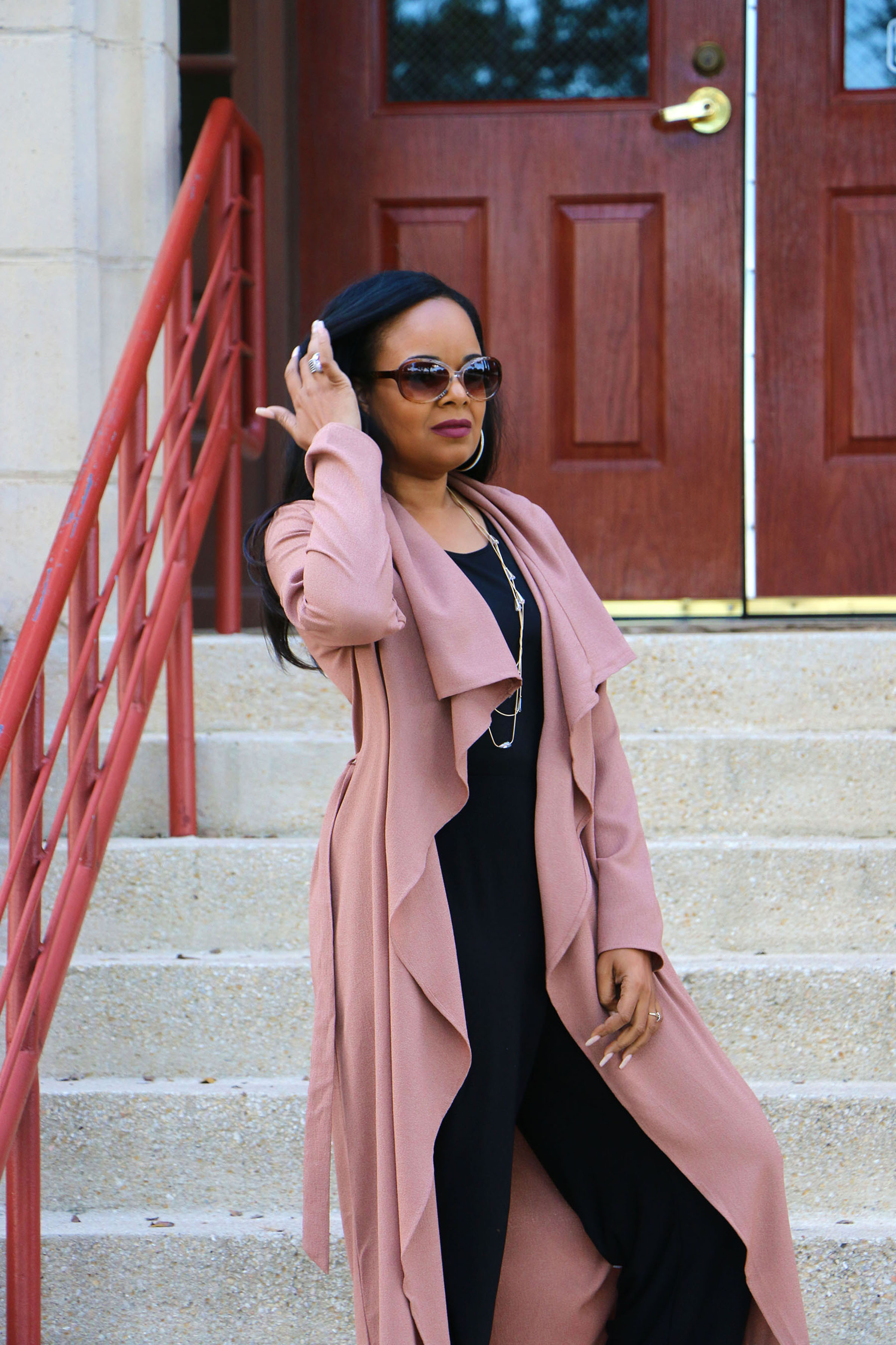 Rose Duster + Black Pants, Fall Chic